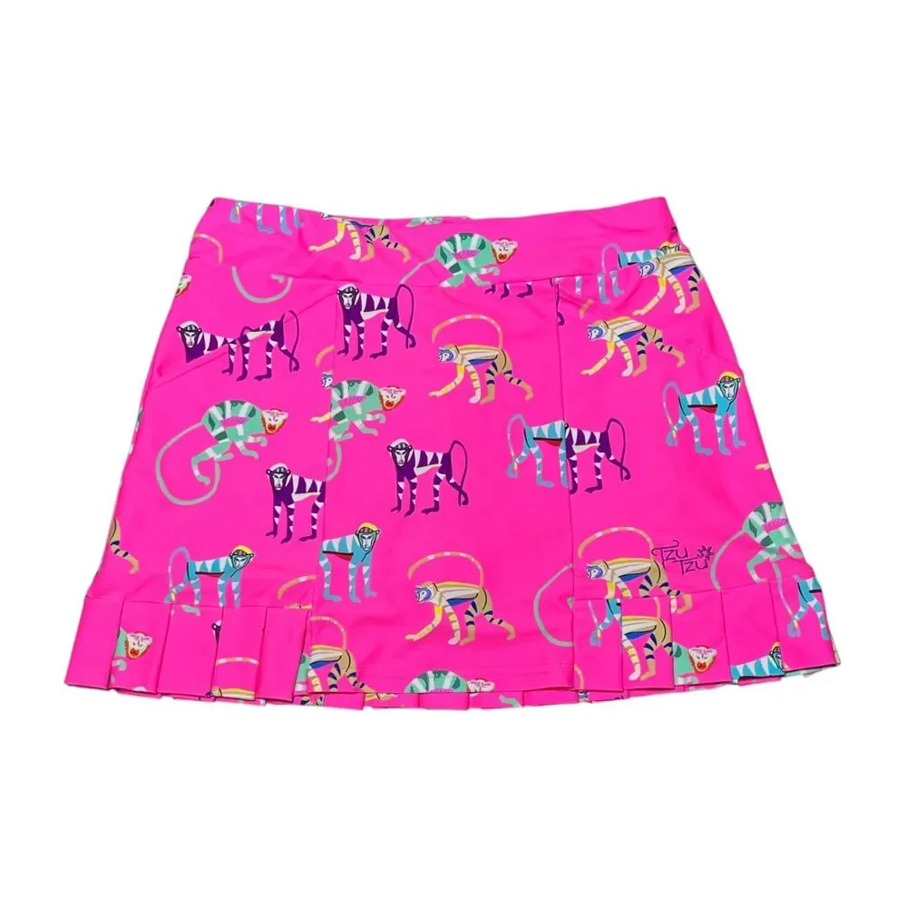 Tzu Tzu Kenley Golf Skort Women L Pink Monkey Print Pleated Athletic Tennis